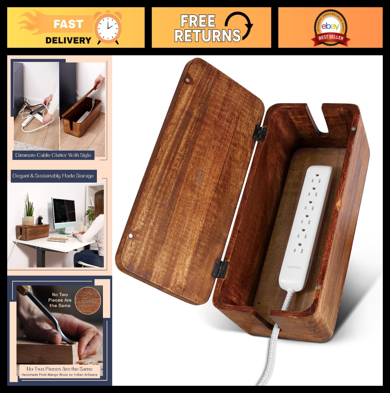 Large Cable Management Box - Cord Organizer & Power Strip Holder for Desk & Floo