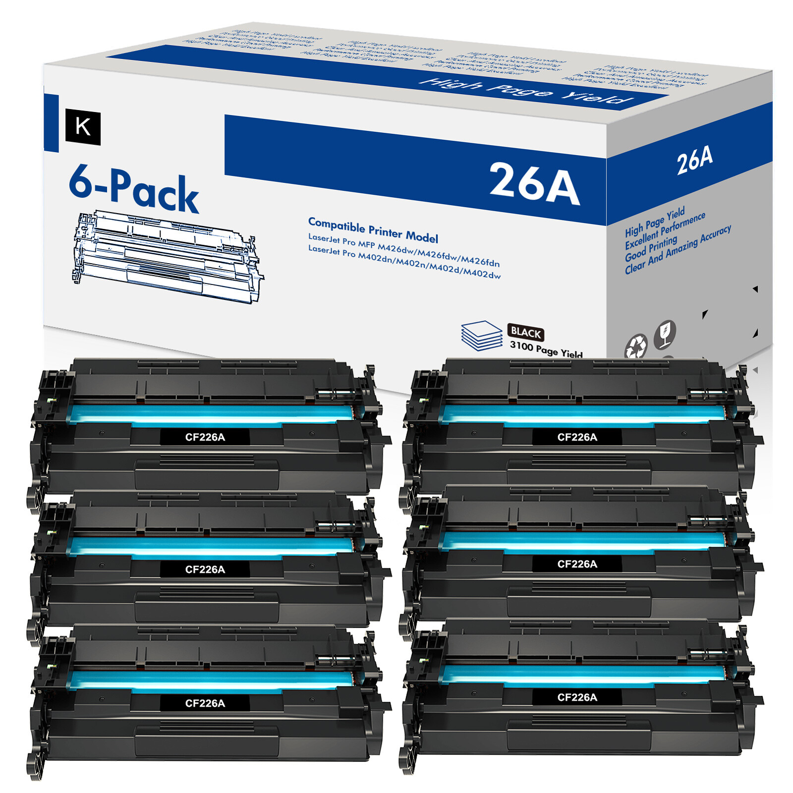 6PK Fits For HP Laserjet Pro M402n MFP M426fdw CF226A 26A Black Toner Cartridge