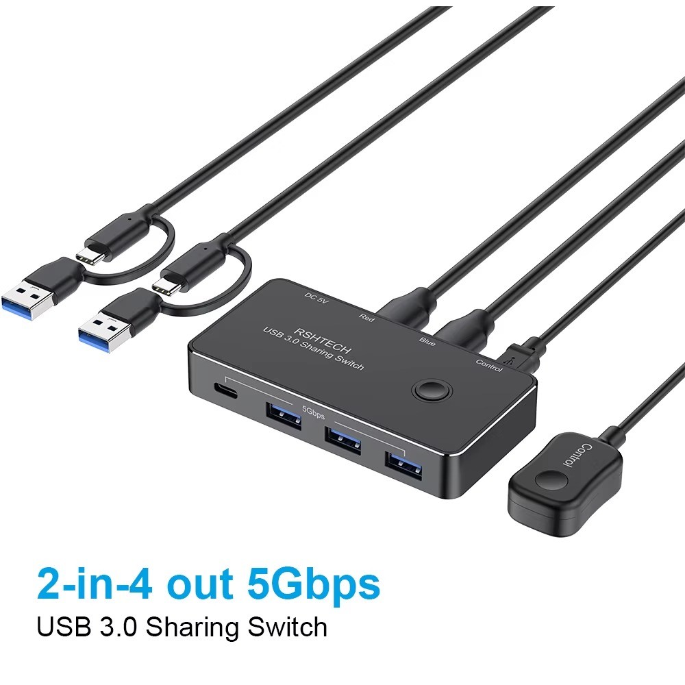 RSHTECH USB C KVM Switch 2 Computer Sharing 4-Port USB 3.0 5Gbps RSH-A201R