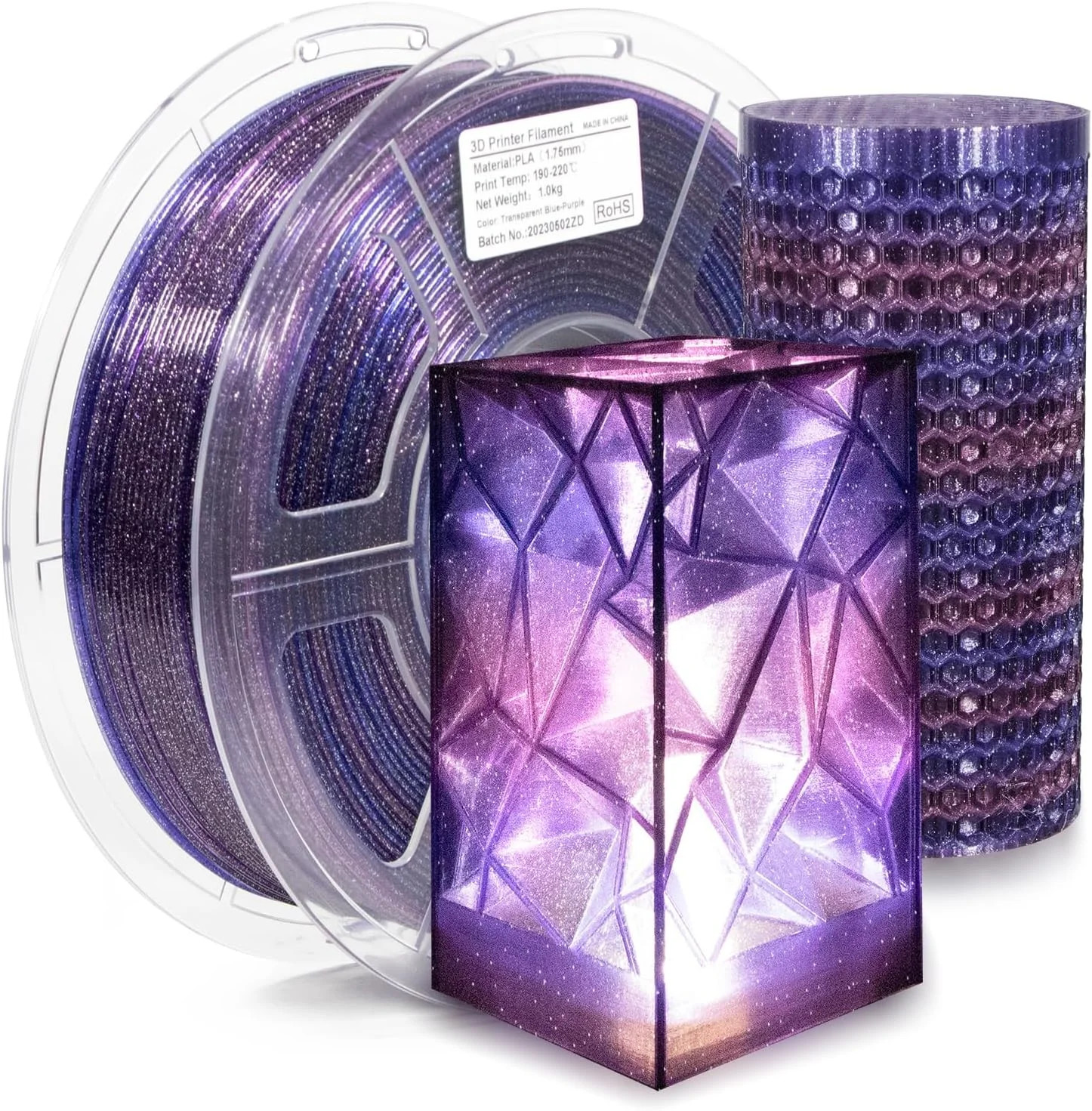 3D Printer Filament Clear PLA, Multicolor Transparent Transition Glitter Filamen