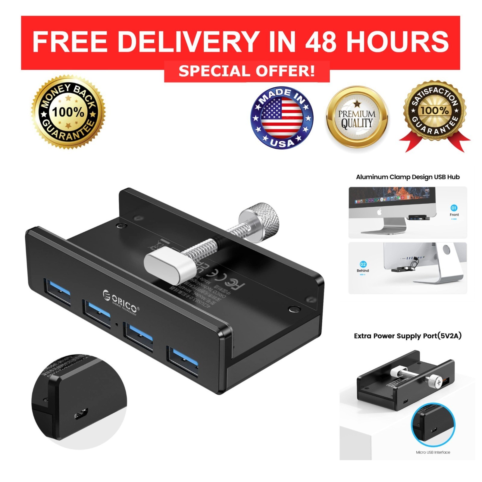 ORICO USB 3.0 Hub 4-Port Aluminum Clamp Mount for Monitor or Desk