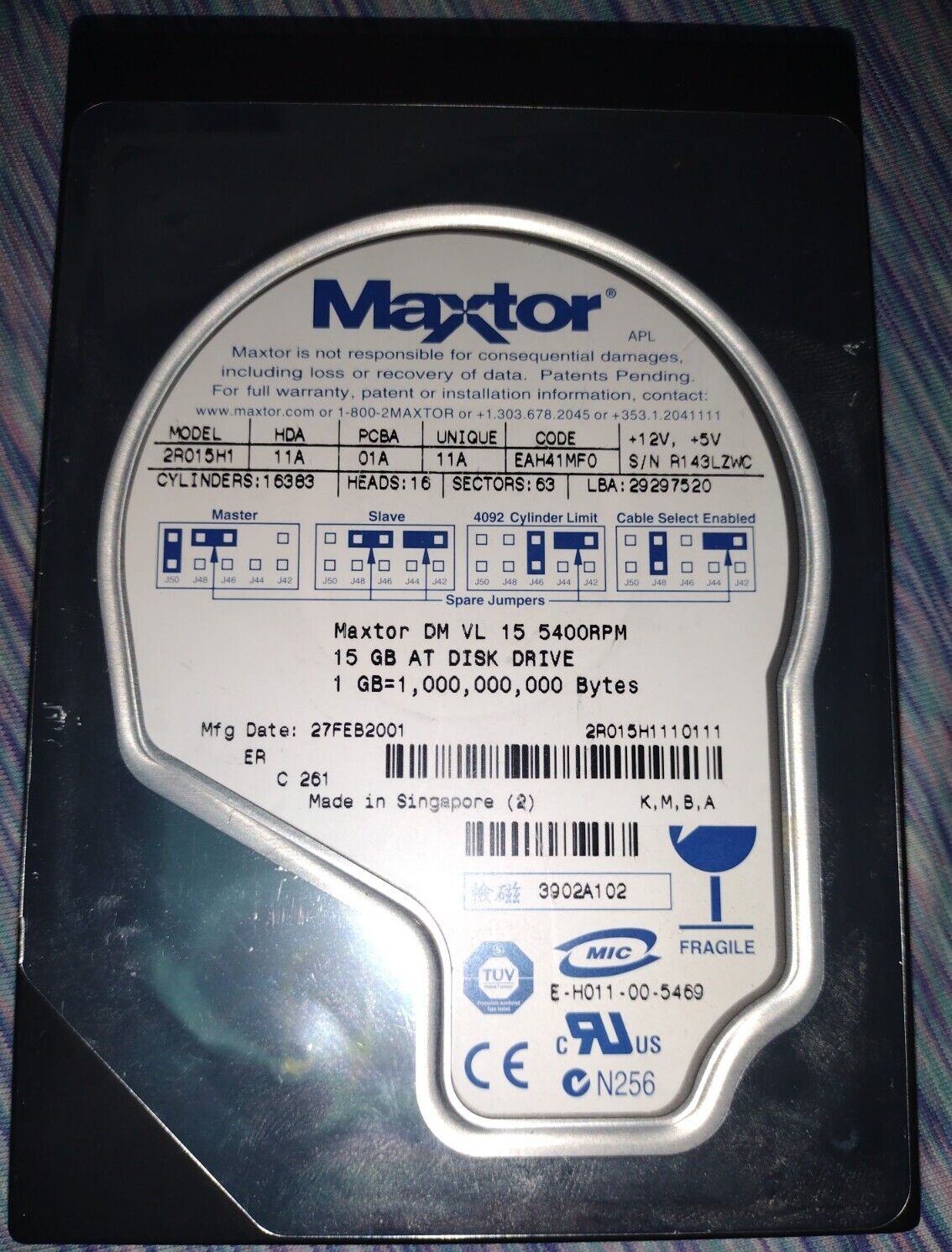 Vintage Maxtor 2R015H1 Hard Drive - 15GB 5400RPM - Formatted And Wiped Clean. 