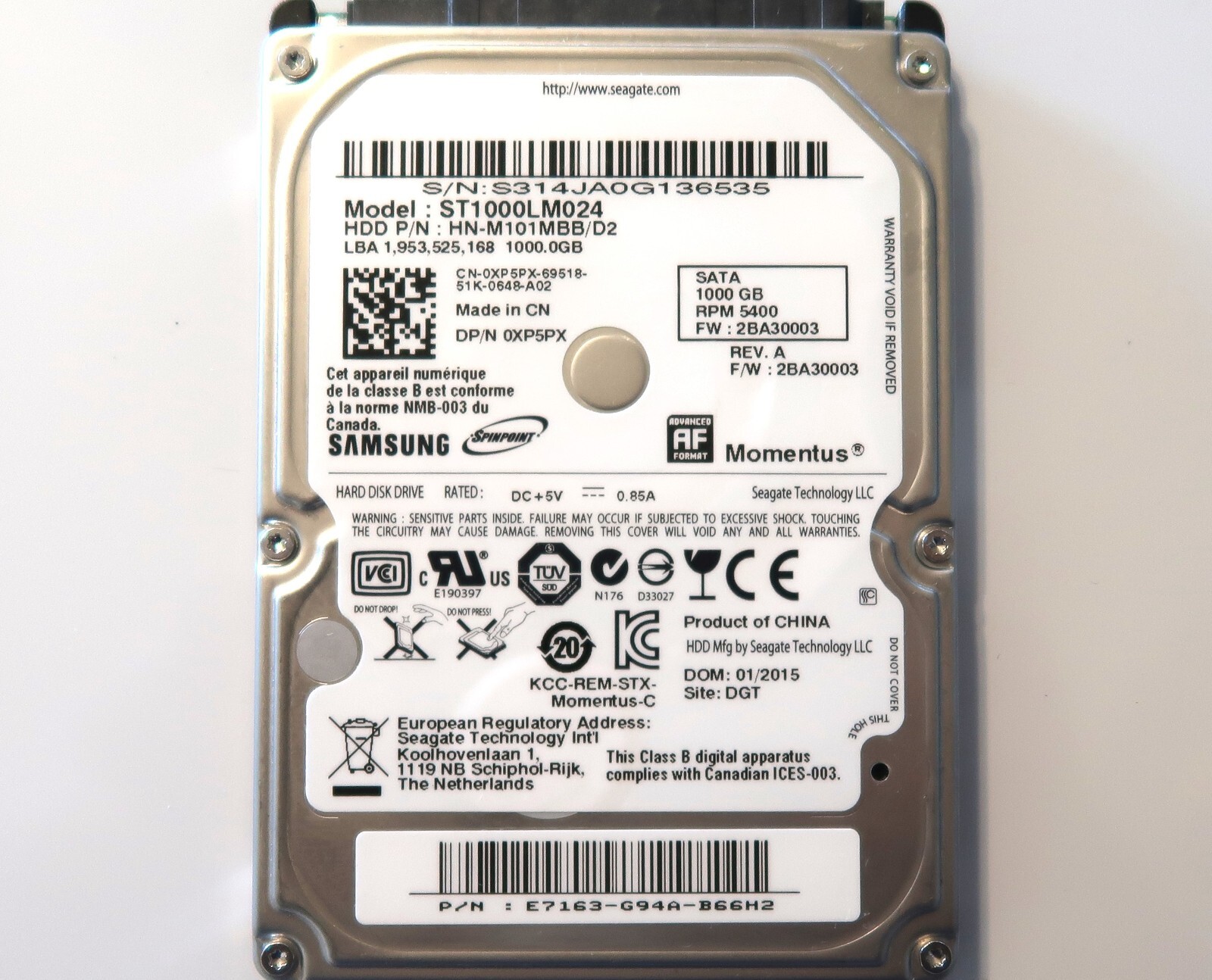 Samsung ST1000LM024 HN-M101MBB/D2 2BA30003 (S314) E7163-G94A 1TB Sata HDD 2015