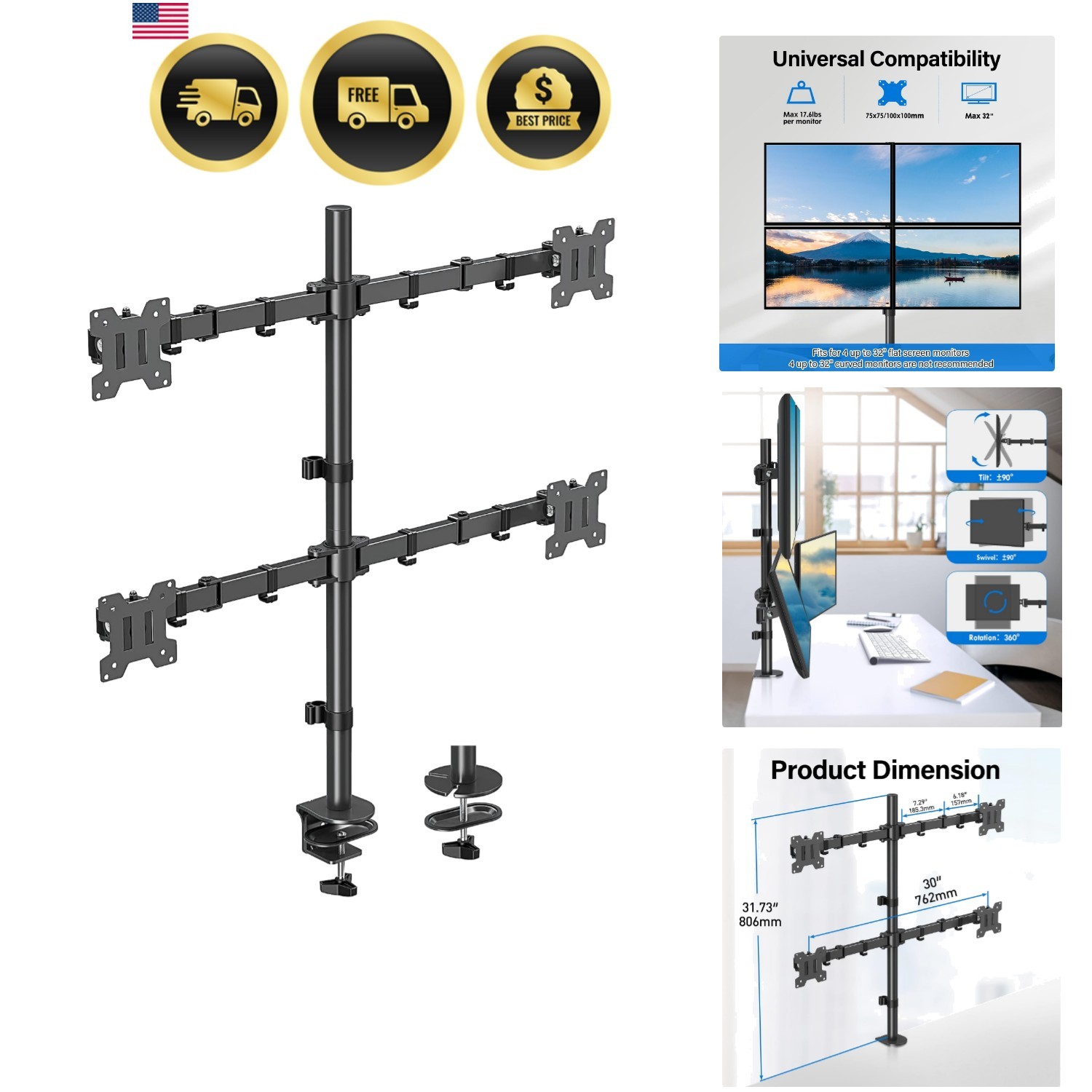 Quad Monitor Stand Mount for 17-32 Inch Screens Fully Adjustable Desk Mount