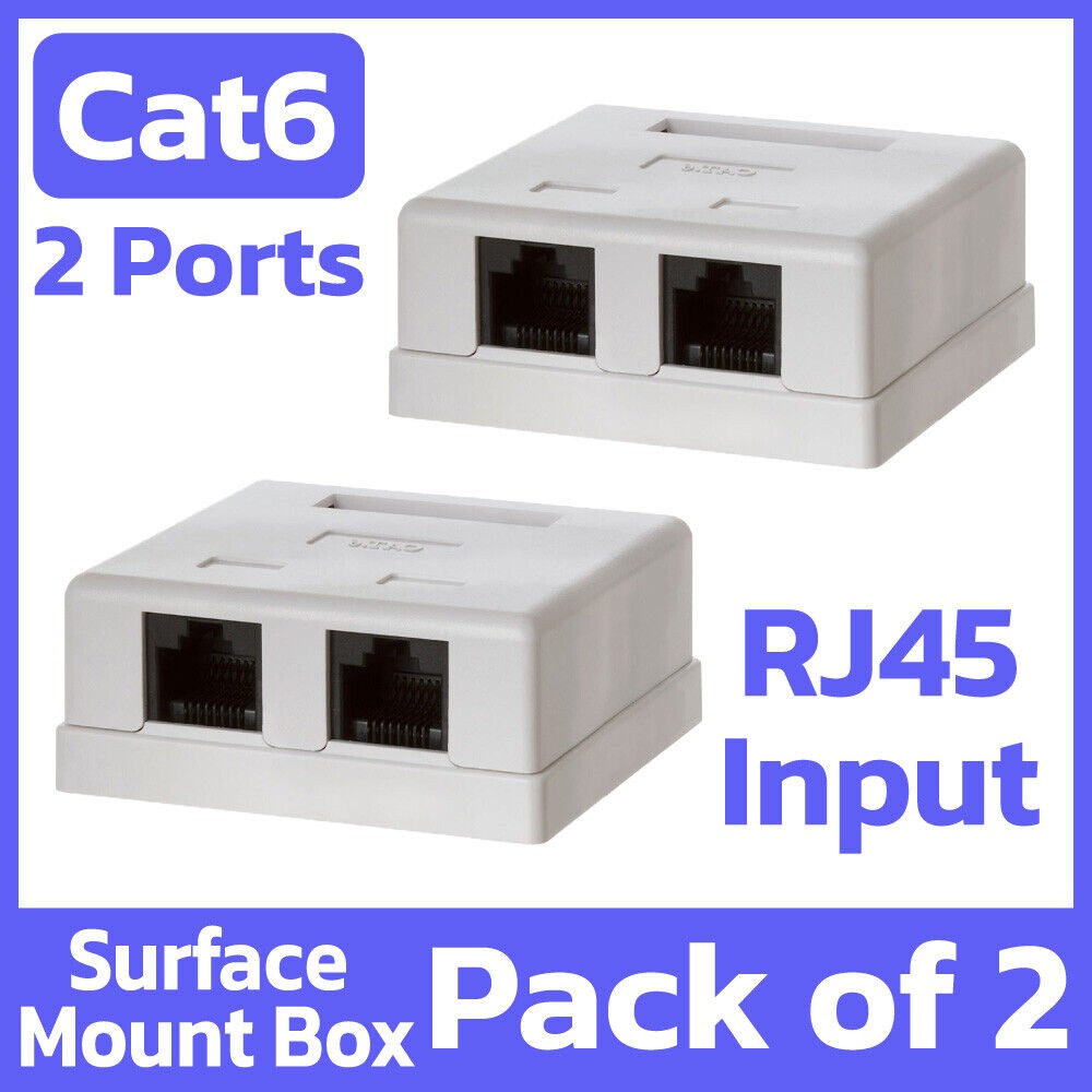 2 Pack RJ45 Surface Mount Box 2 Port Wall Mount Cat6 Ethernet Connector - White