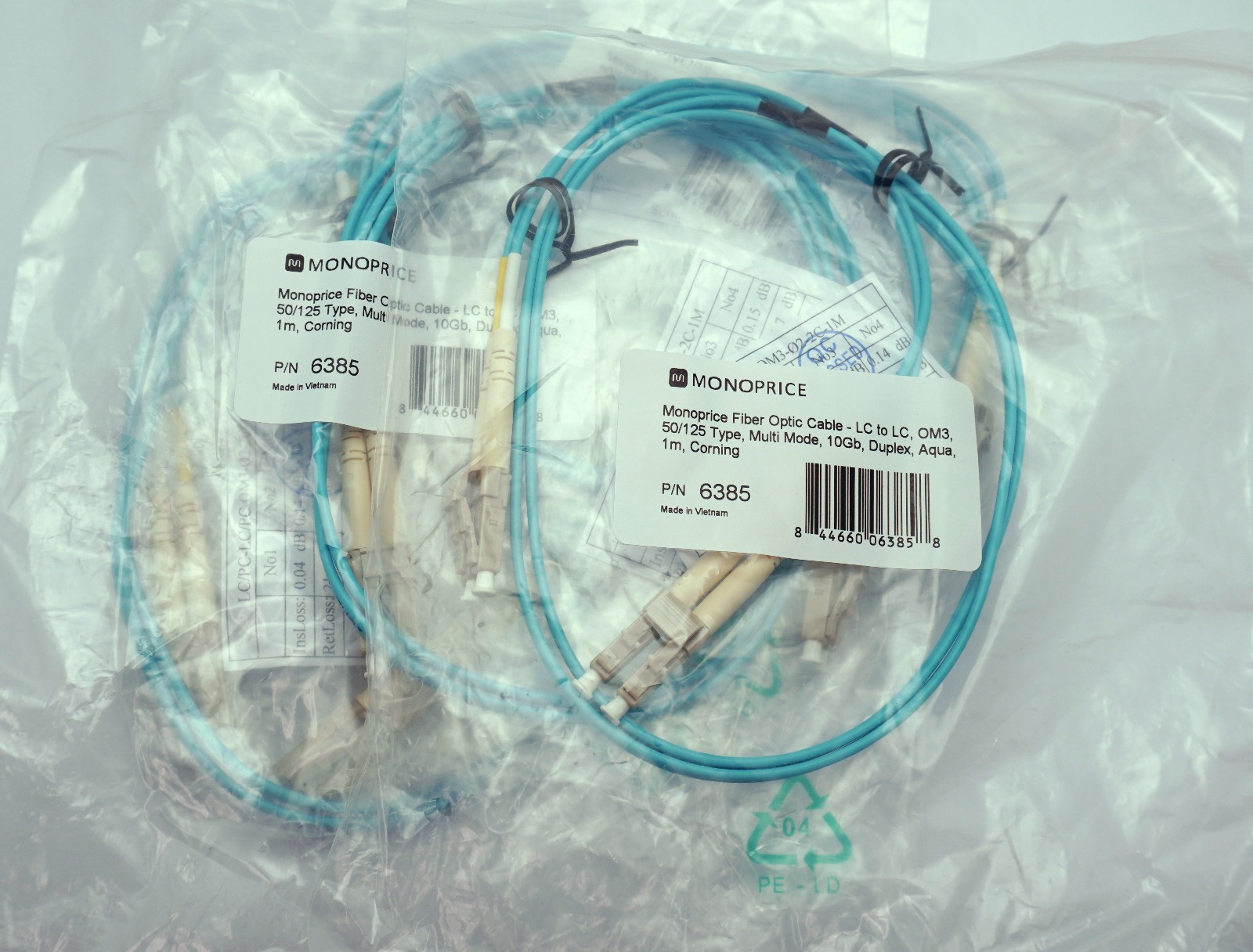 Lot (4)  Monoprice OM3 Fiber Optic Cable LC/LC 50/125Type 10GB Aqua 1m P/N 6385