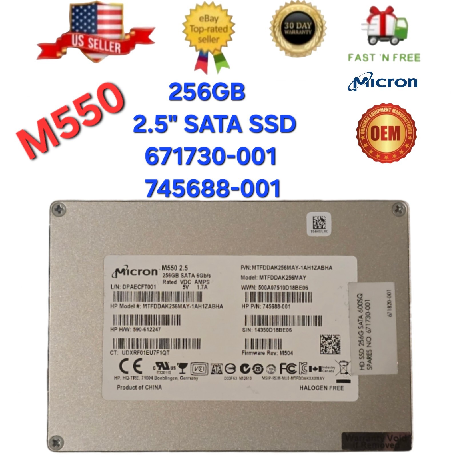 Micron M550 256GB 2.5" SATA 6Gb/s SSD - HP Spare 671730-001 / 745688-001
