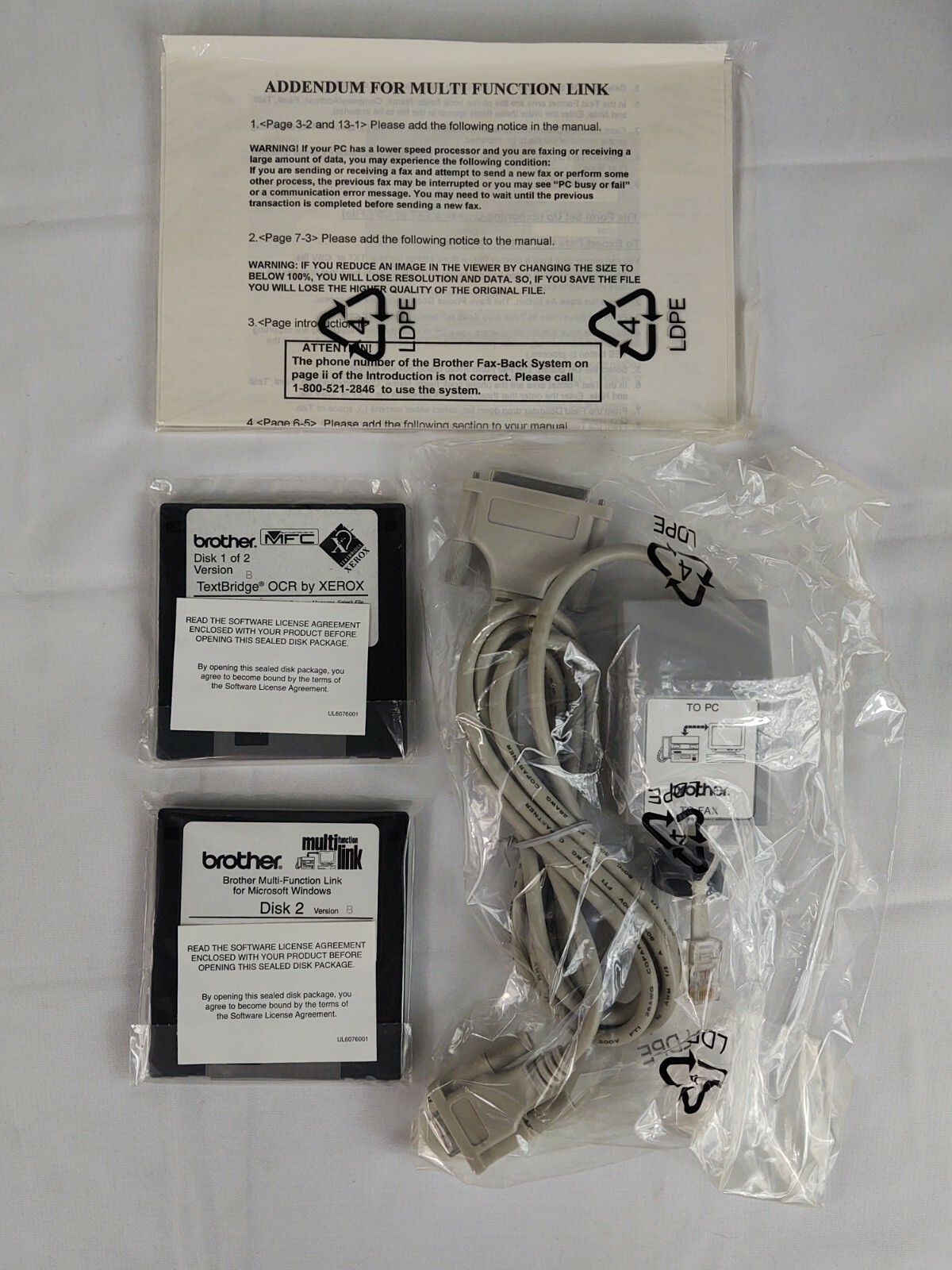 Vtg 1996 NOS BROTHER PC TO FAX CABLE Model PCI-1 Adapter Manual Software Disks