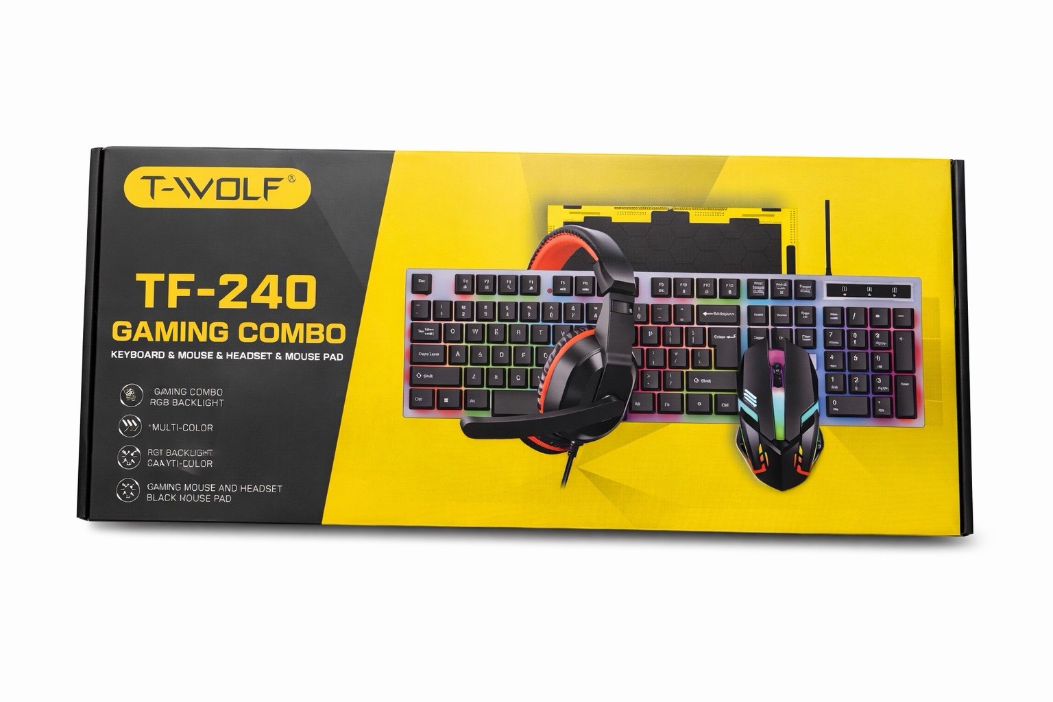 T-Wolf TF-240 Wired Gaming RGB Keyboard Mouse Headset Mouse Pad Combo