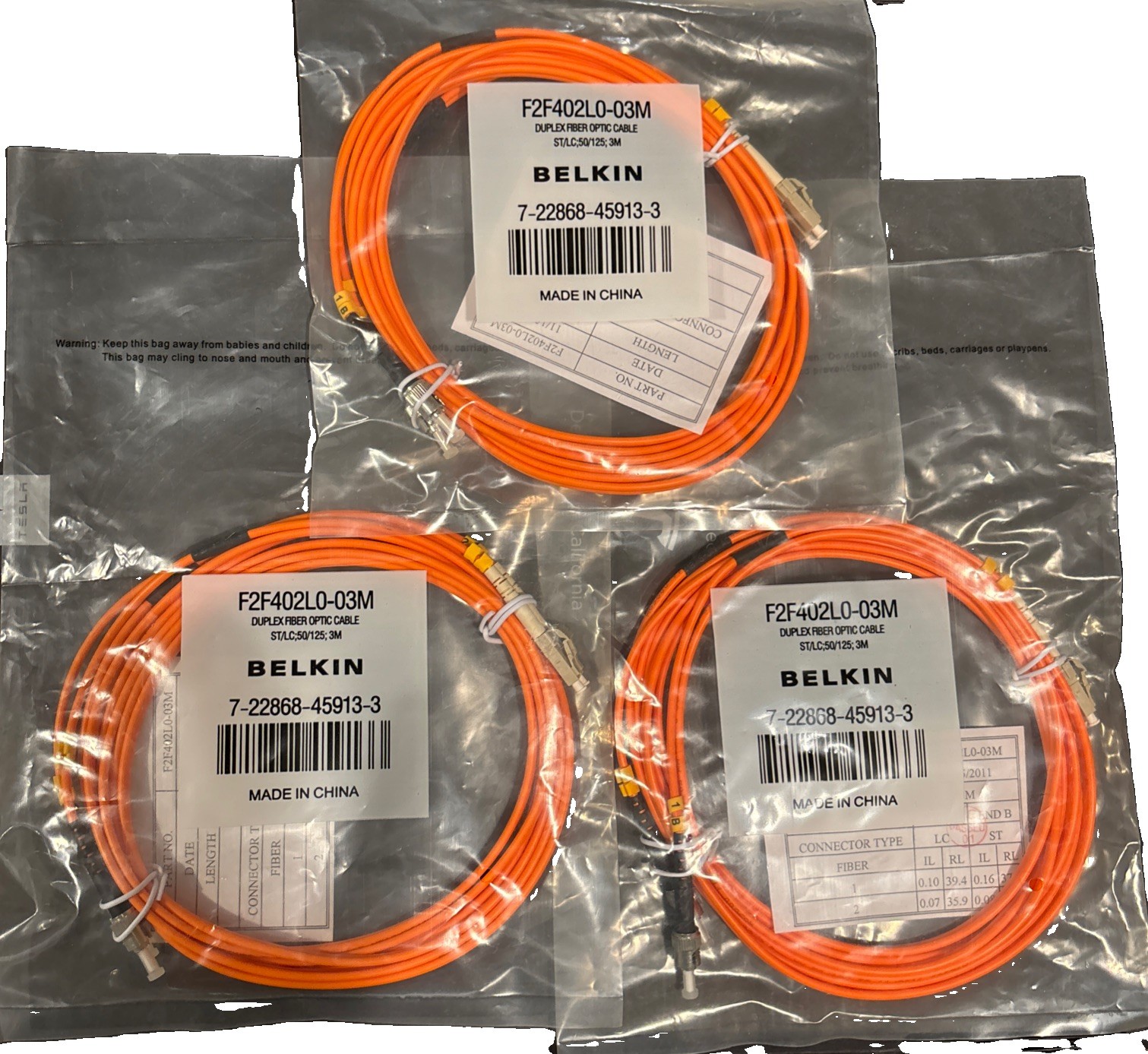 Belkin F2F402L0-03M ST-LC Multimode Duplex Fiber Patch Cable 3 Pack