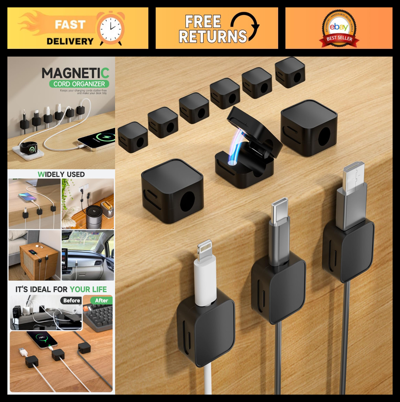 12 Magnetic Cable Clips - Under Desk Cord Management, Adhesive Organizer for Hom