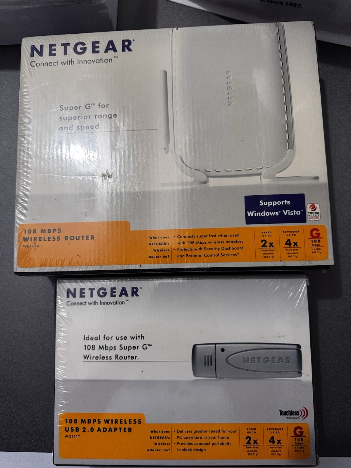 NETGEAR WGT624 108Mbps Super G Wireless Router + WG111 USB Adapter NEW bundle