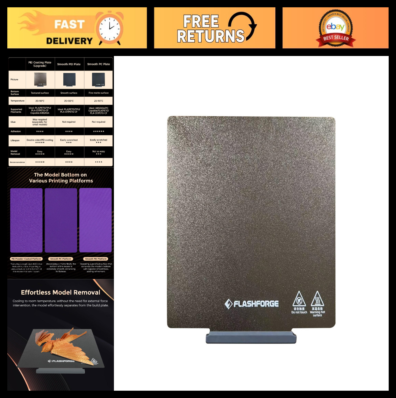Double-Sided PEI Powder-Coated Platform for 3D Printers, Tool-Free Model Removal