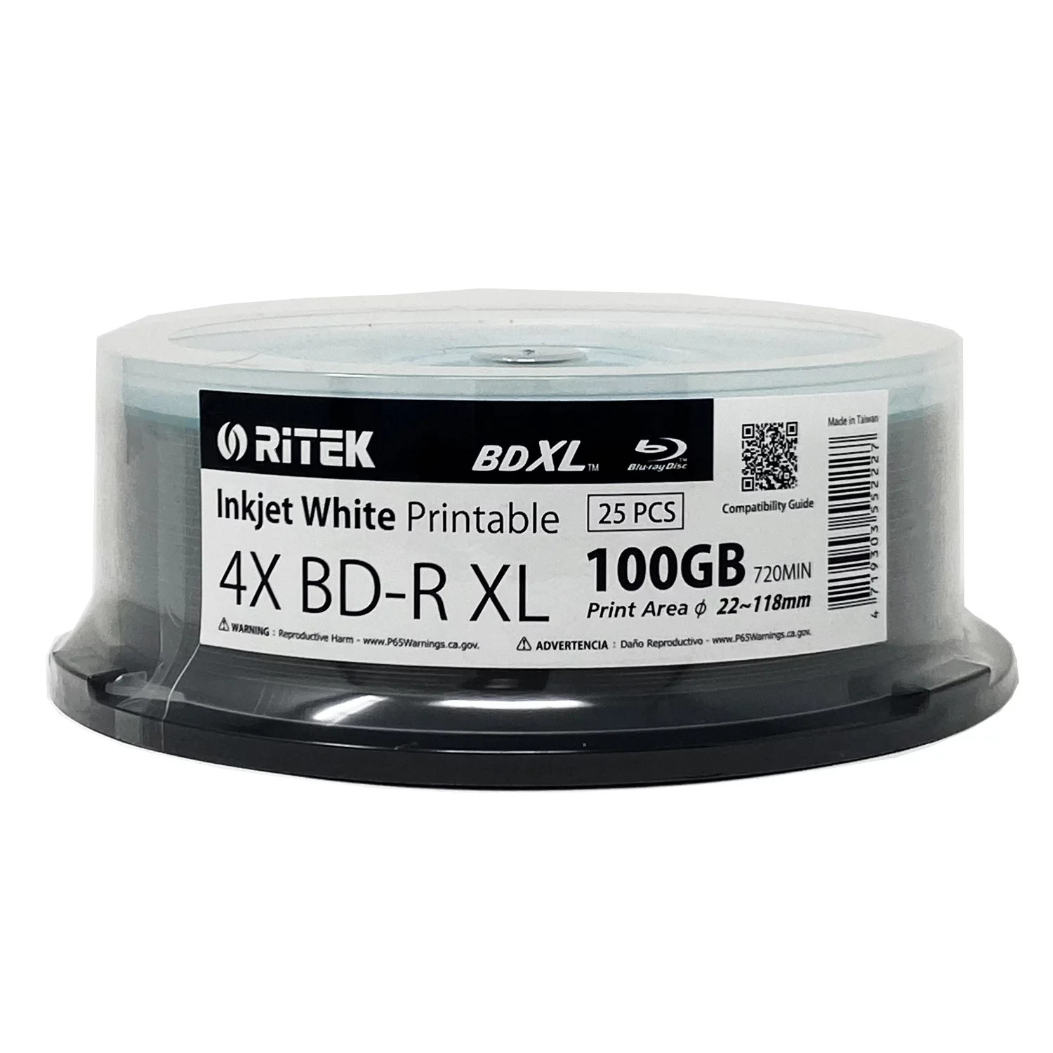 25 RITEK Blu-Ray BD-R XL BDXL 4X 100GB Triple Layers White Inkjet Printable Disc