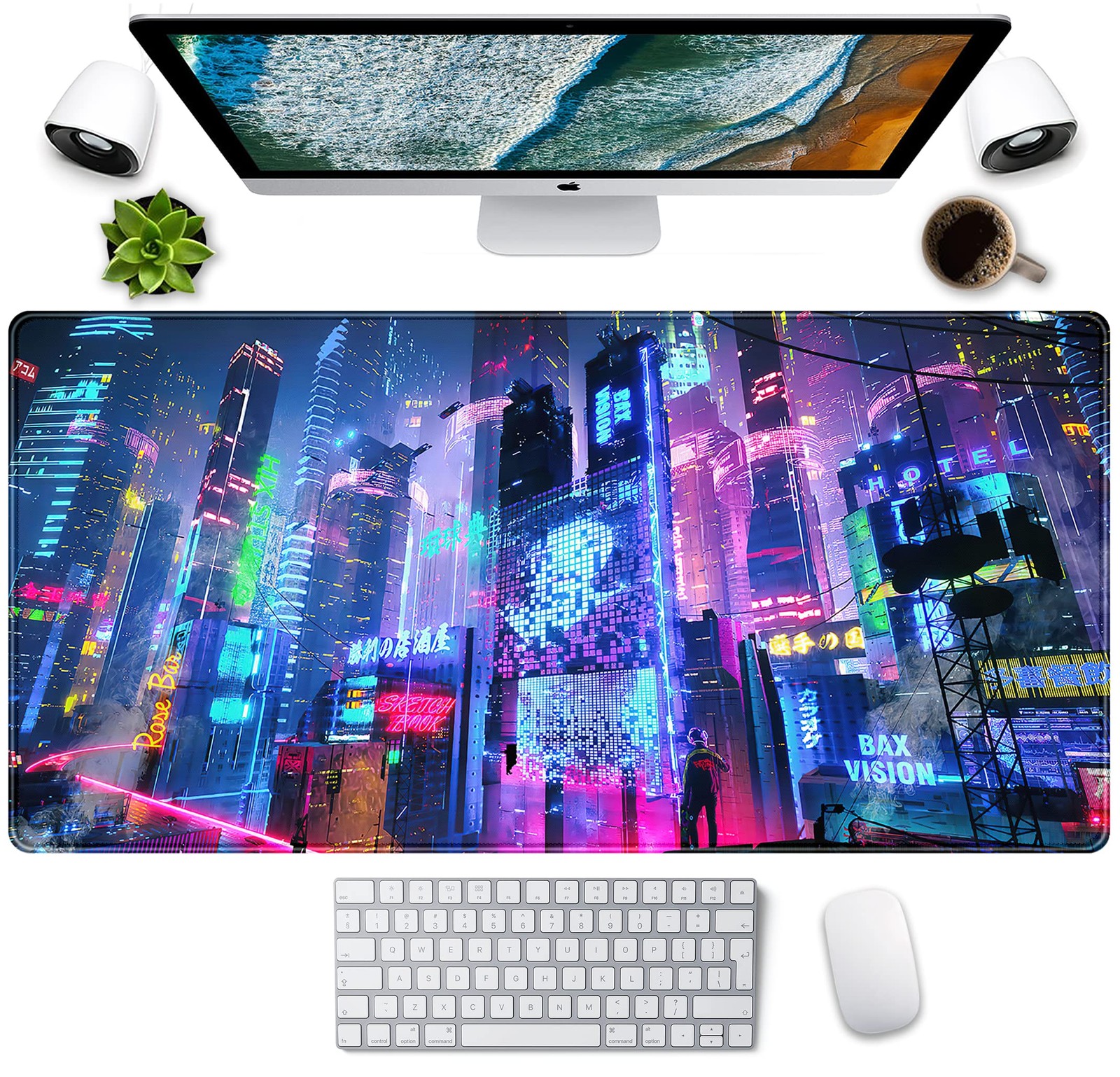 Japanese Street Desk Mat Futuristic Neon City Print Mouse Pad 31.5 x 15.75 inch