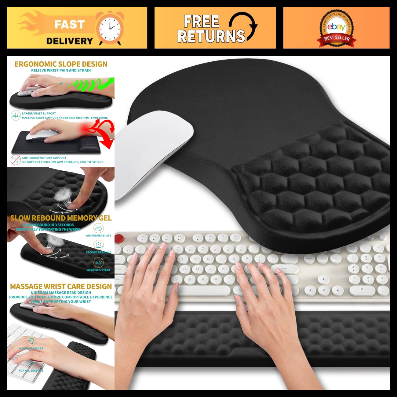 Ergonomic 2-in-1 Mouse Pad & Wrist Support Set for Computer - Memory Gel, Pain R