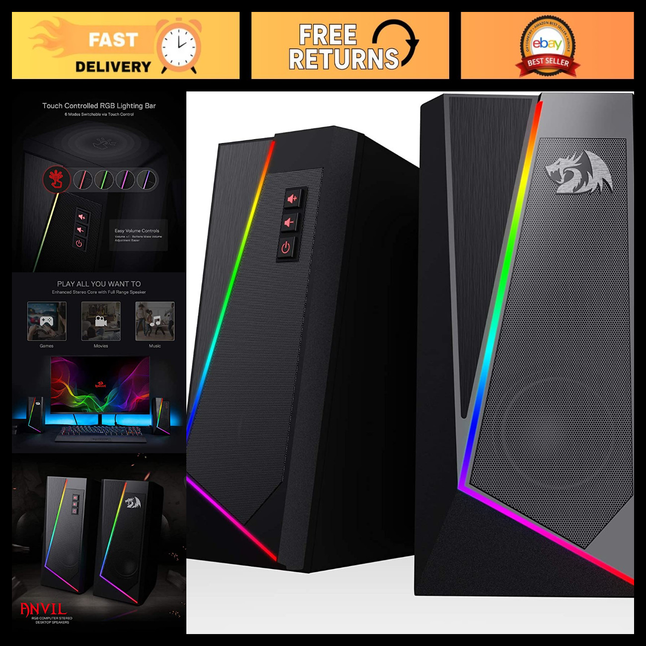 Wired RGB Computer Speakers - 2.0 Channel Stereo Sound for Desktop Gaming & Musi