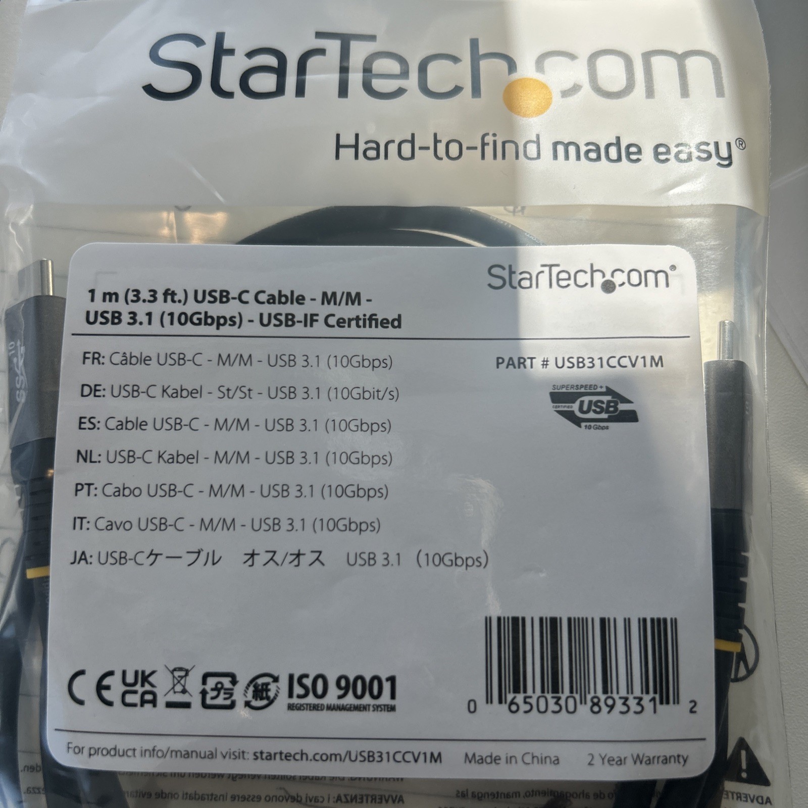 StarTech.com 3.3' Display Port Cable Gray/Black, USB type C,  M/M (USB31CCV1M) 