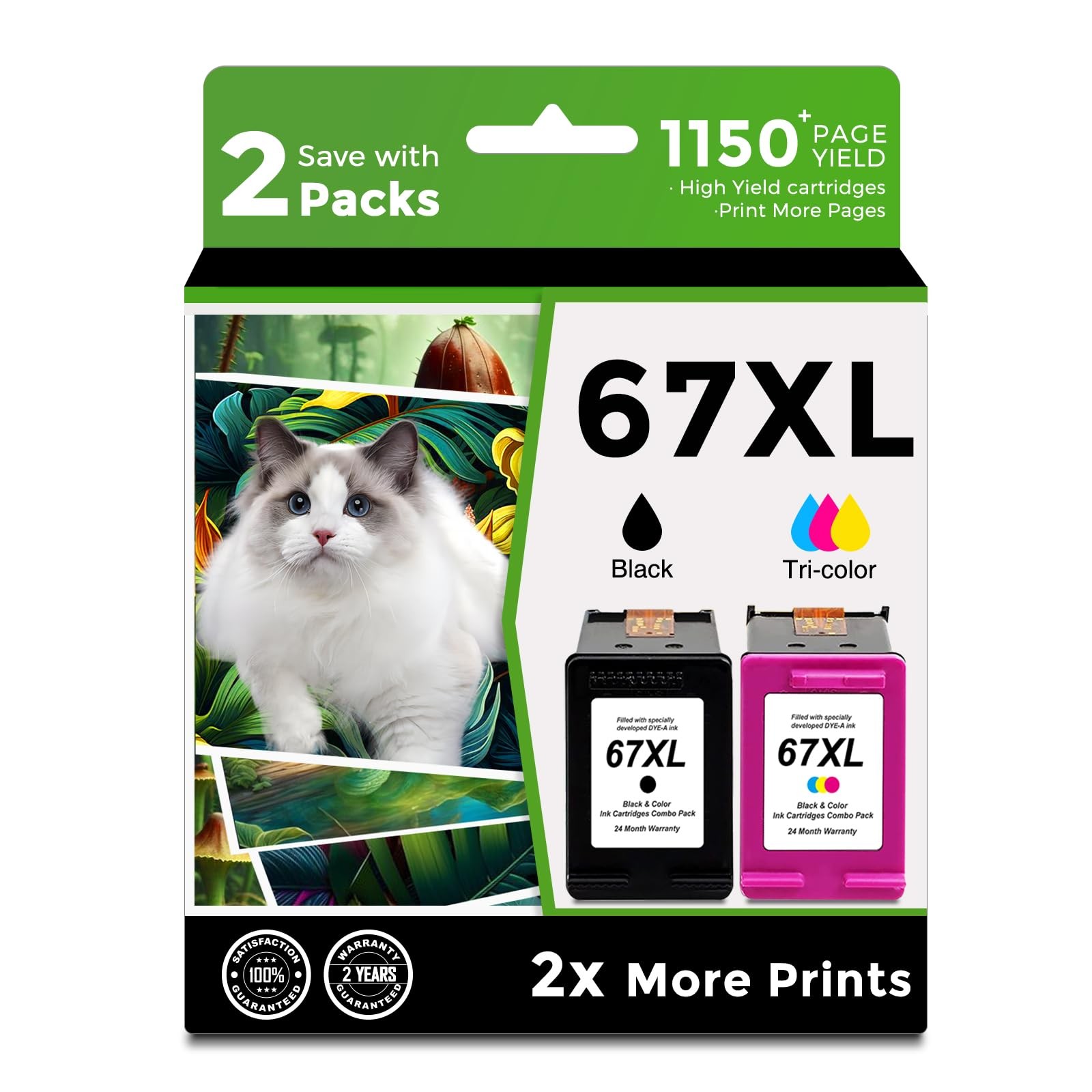 67XL Ink Cartridge Black/Color Combo Pack replacement for HP 67 XL hp67xl
