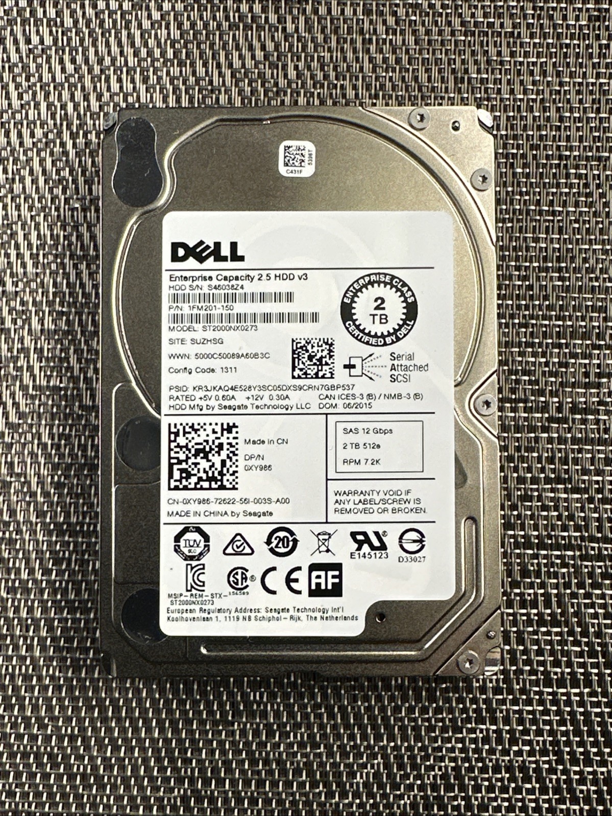 Dell XY986 2TB 7.2K SAS 12G 2.5 Server HDD ST2000NX0273 Enterprise Capacity v3