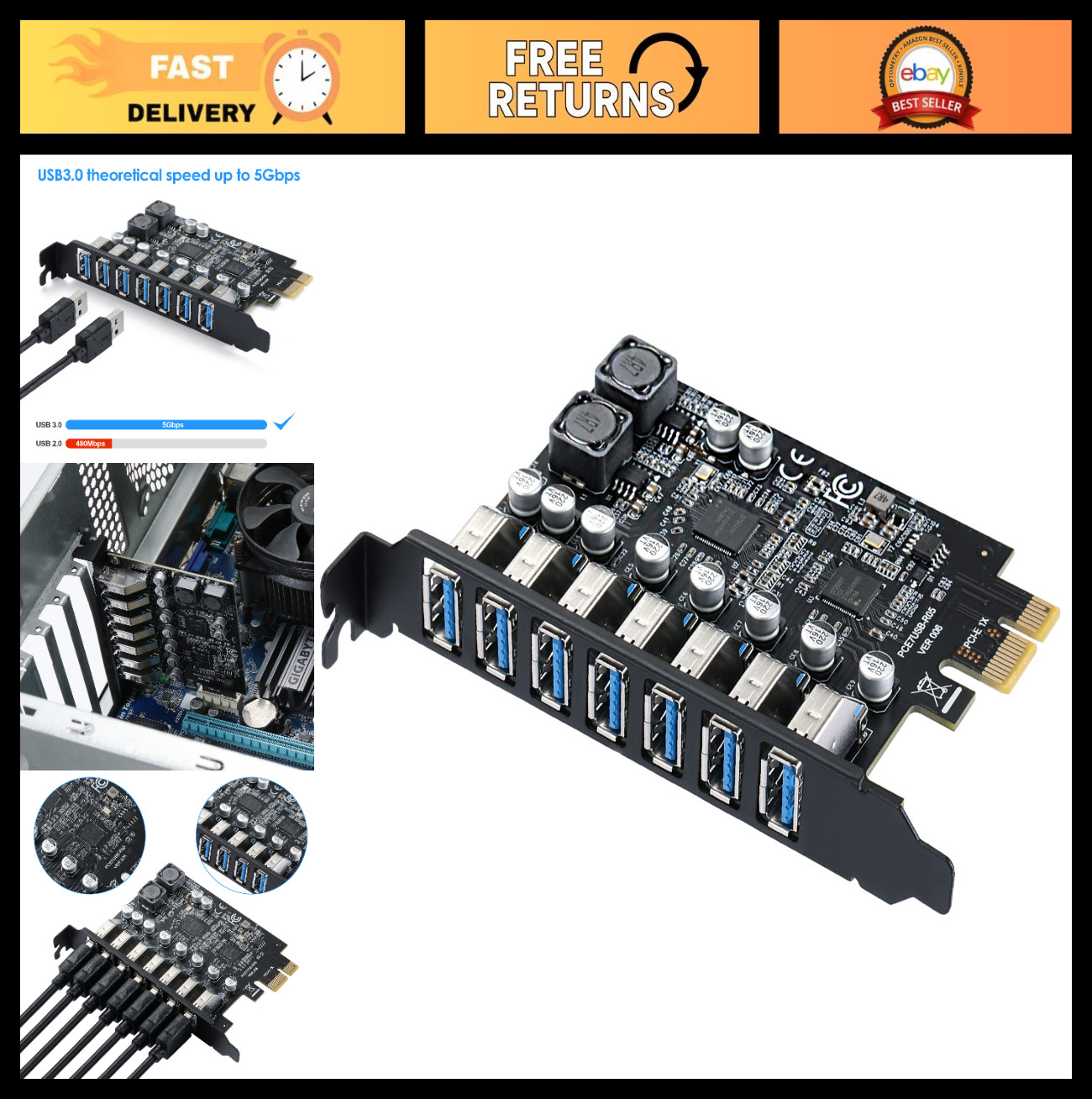 7-Port USB 3.0 PCIe Expansion Card for Desktop PC