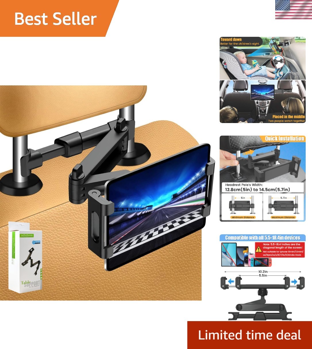 Universal Headrest Tablet Mount - Adjustable for 5.5-18.4 Inch Tablets, Black
