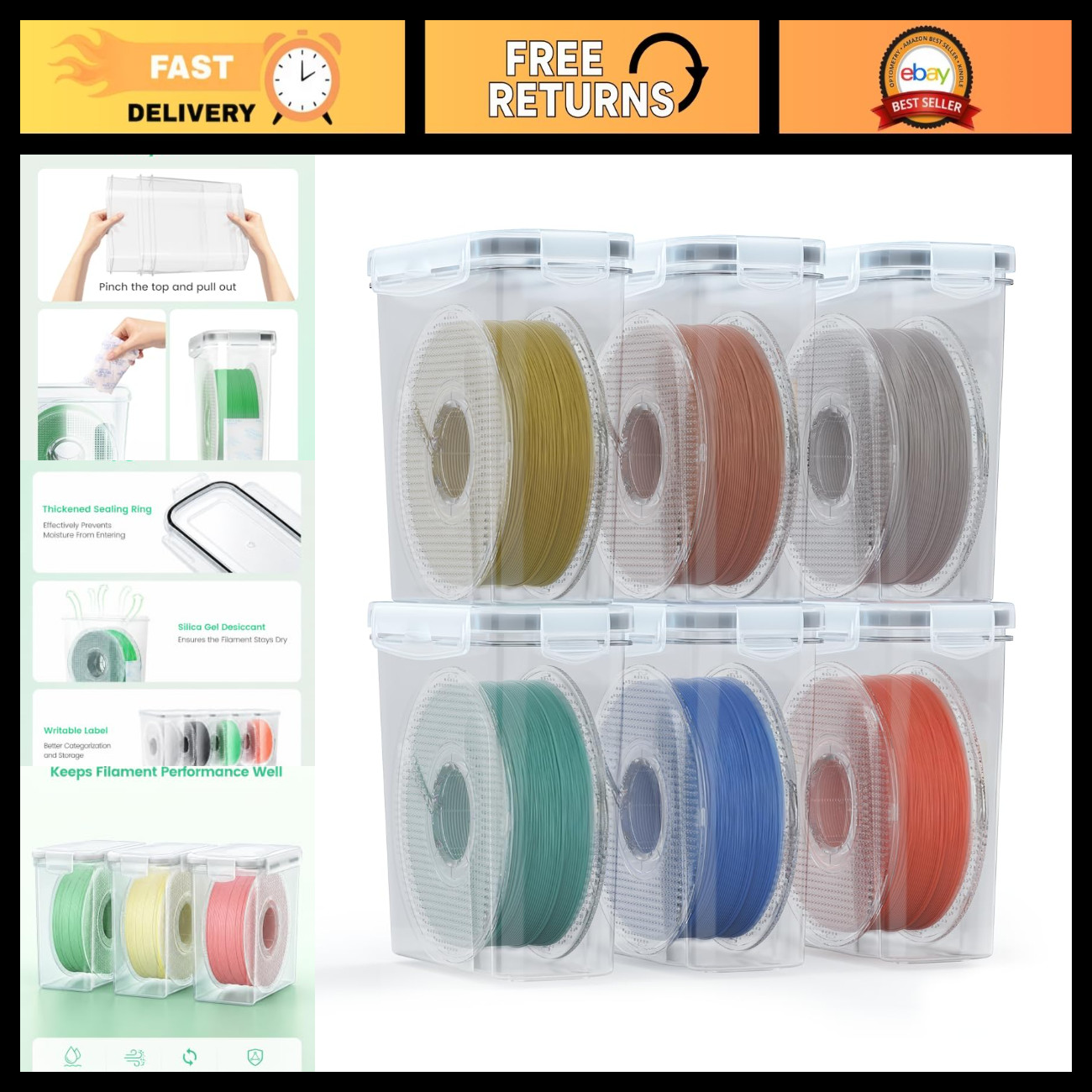 6 Pack 3D Printing Filament Storage Box - Waterproof, Dust-Proof, Sealed Contain
