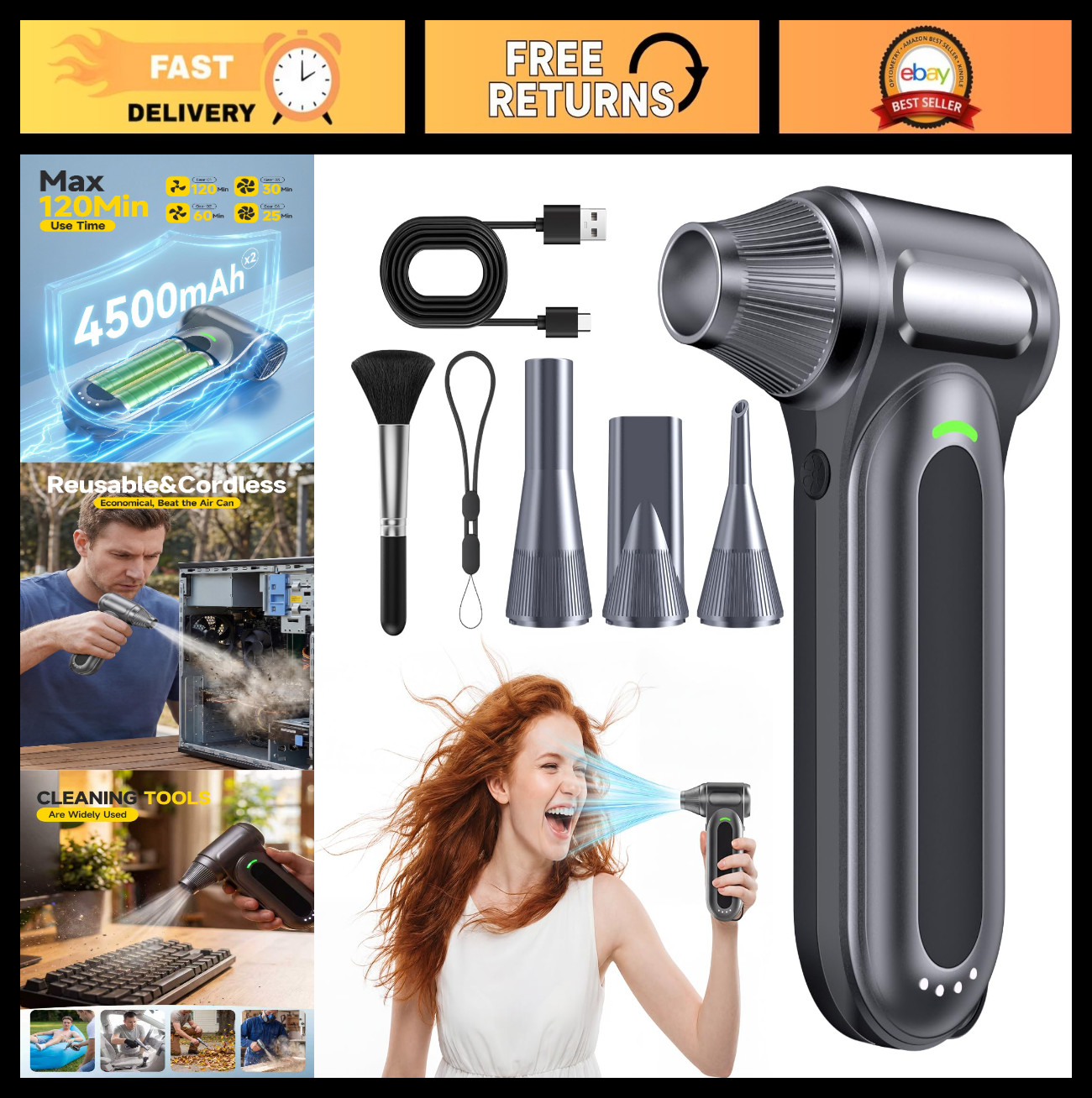 High-Powered Cordless Air Duster, 170,000 RPM, 4-Speed Electric Blower for PC, K