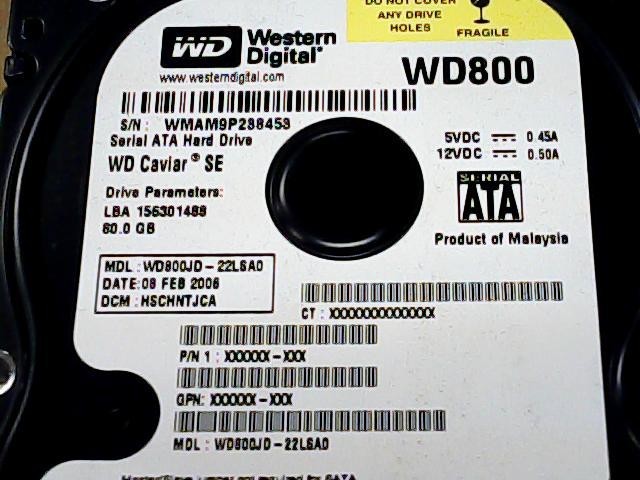Western Digital HDD WD800 WD800JD-22LSA0 HSCHNTJCA 80GB SATA 1 3.5