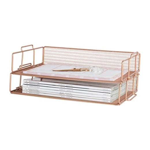 | Mesh Paper Tray Set of 2 | Stackable Letter Trays for Desk Rose Gold