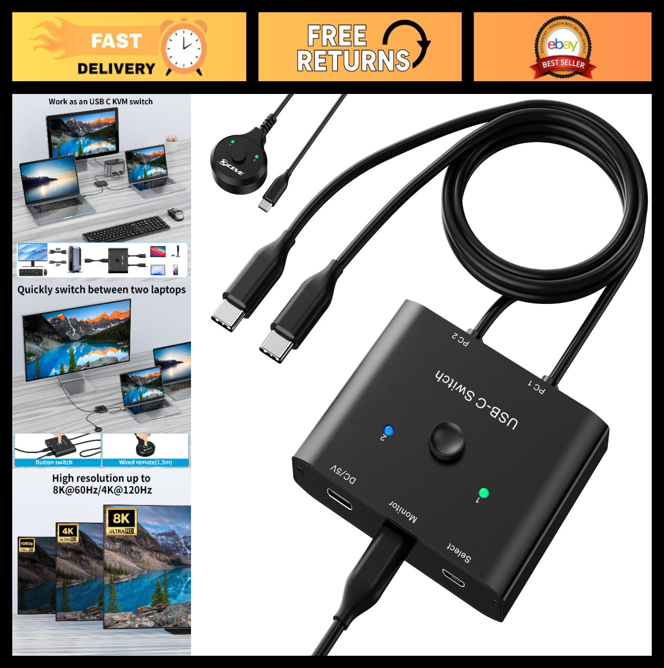 Bi-Directional USB C Switcher for 2 Computers, 8K@60Hz, 4K@120Hz, 10Gbps Data Tr