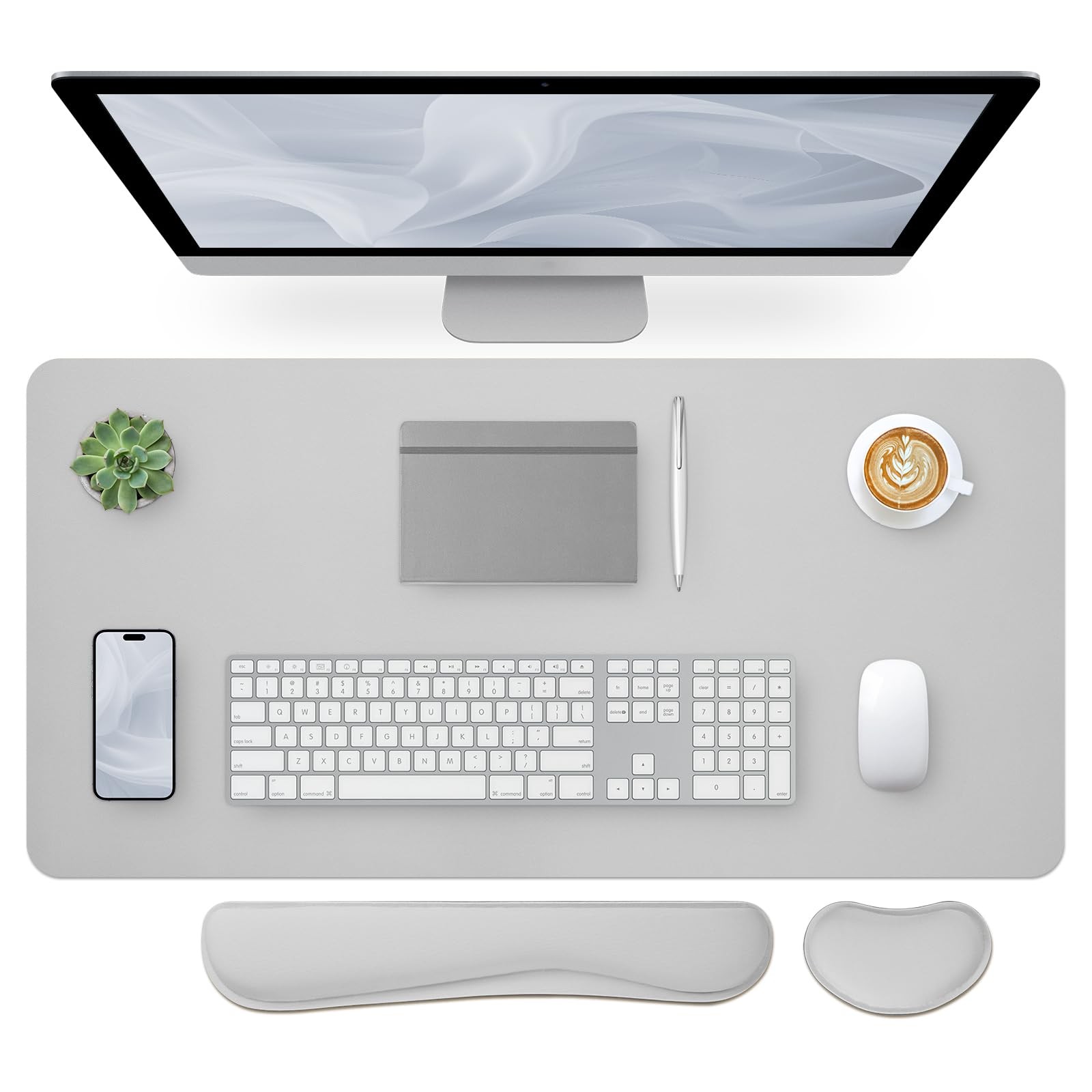 Light Grey Leather Desk Mat Keyboard Wrist Rest Protector 35.4x15.7 In