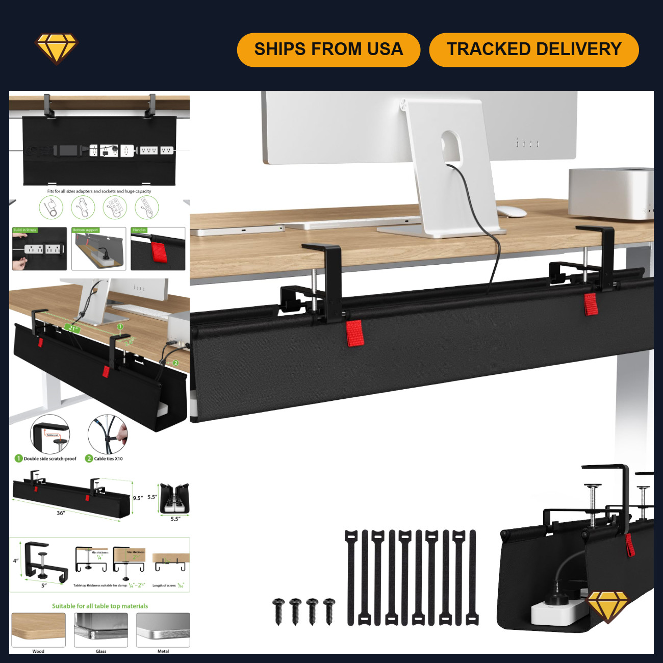 Large No Drill Under Desk Cable Management Tray 36in - Black, Tidy Up Cords