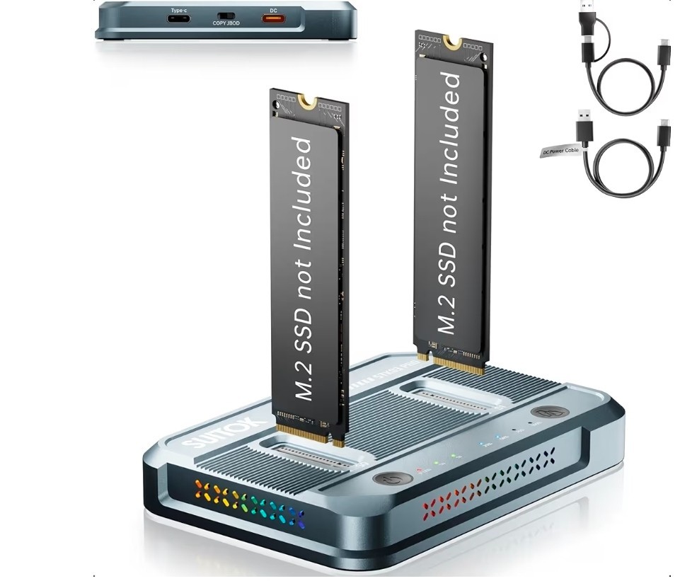 SUITOK M.2 NVMe SATA SSD Duplicator Cloner Dual Bay USB-C 20Gbps Dock STK03