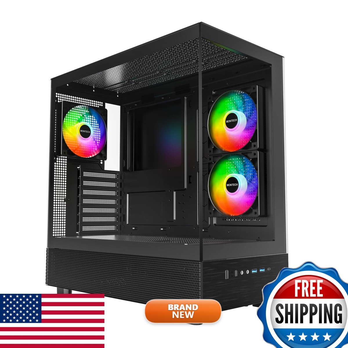 Montech XR-B Panoramic ATX PC Case, 3 ARGB PWM Fans, Black
