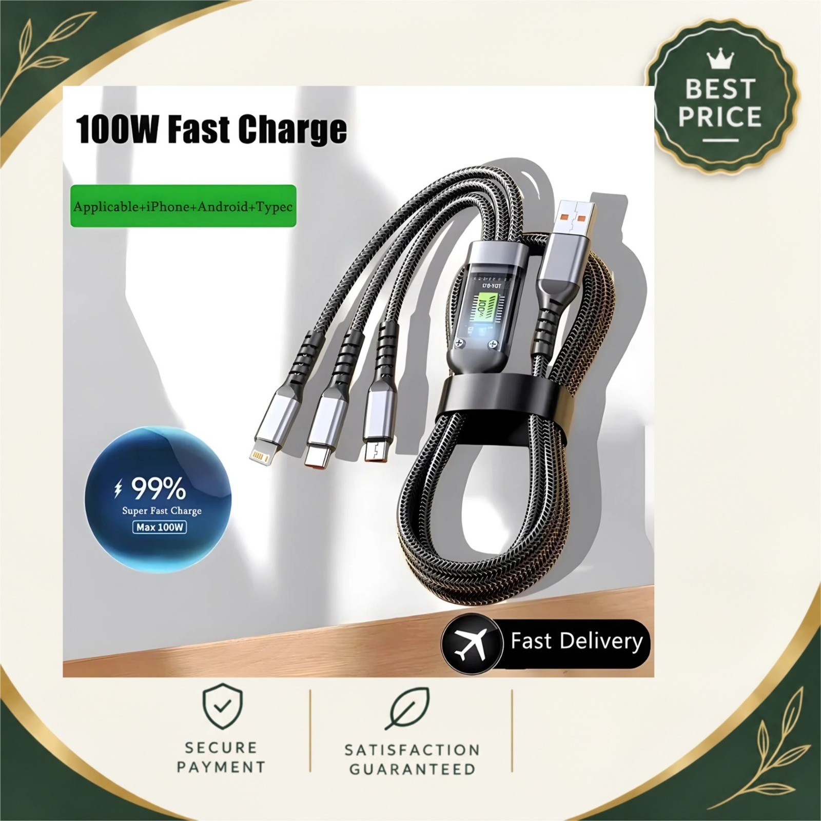 100W USB C Fast Charging Cable 3 in 1 Multi Charger Cord Nylon Braided Type-C