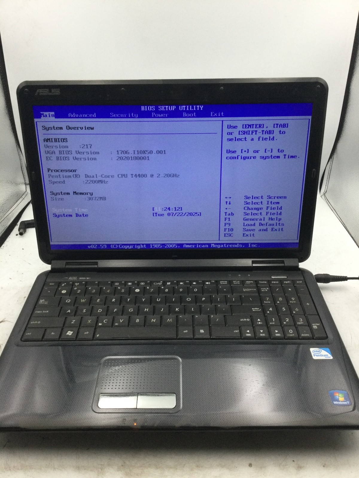 ASUS K50IJ - BOOTS TO BIOS - INTEL PENTIUM DUAL CORE - 3GB RAM - READ DESCRIP-BB