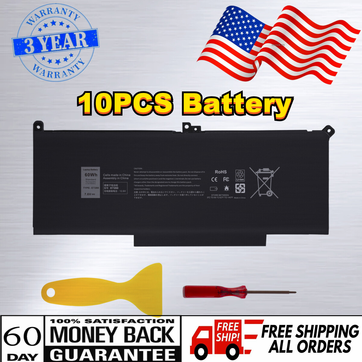 ✅10PCS F3YGT Battery For Dell Latitude 12 7280 7290 13 7380 7390 14 7480 7490