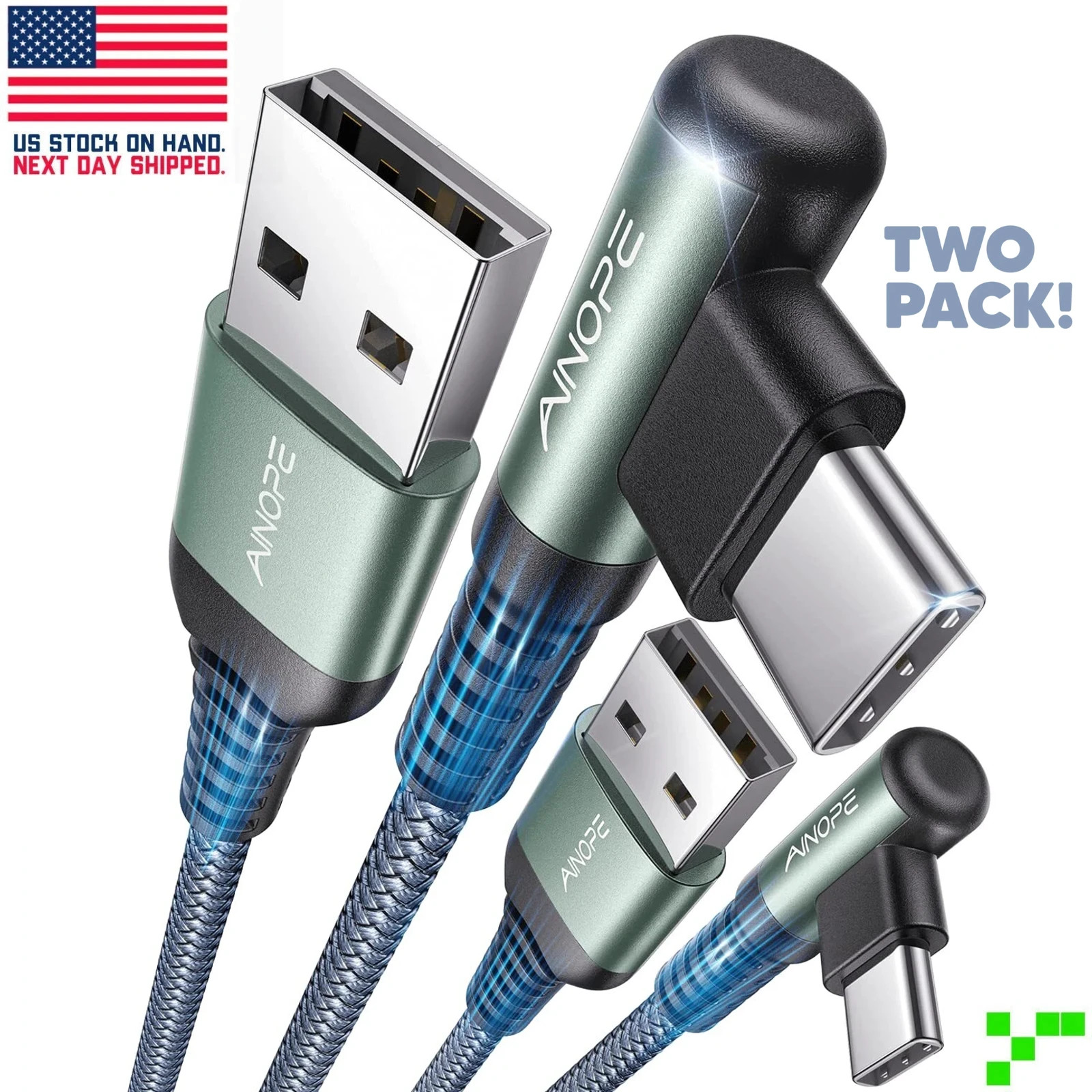 2-PACK USB/USB-C 90° Heavy Duty Braided Charging/Sync Cable 6ft 9V/3.1A