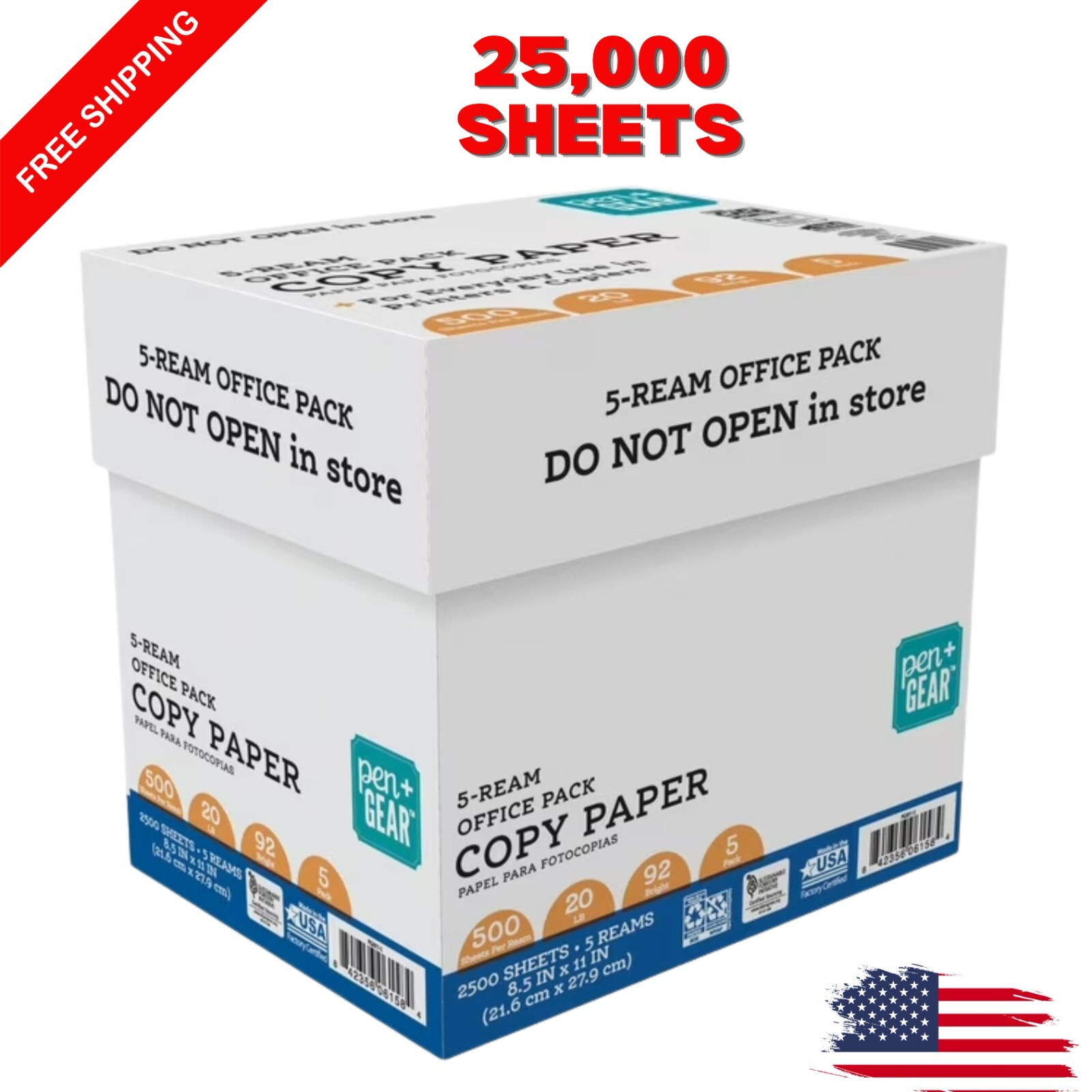 Pen + Gear Copy Paper, 8.5" x 11", 92 Bright, 20 lb., 5 Reams (2,500 Sheets)