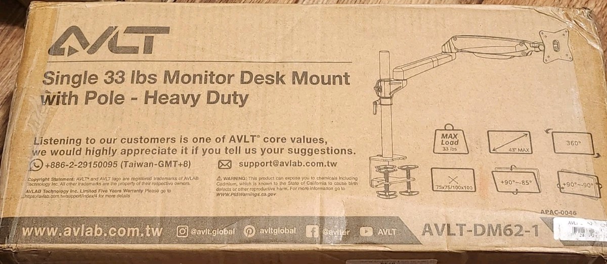 AVLT Single 33lb Monitor Desk PC Mount w Pole Heavy Duty Up To 43" AVLT-DM62-1