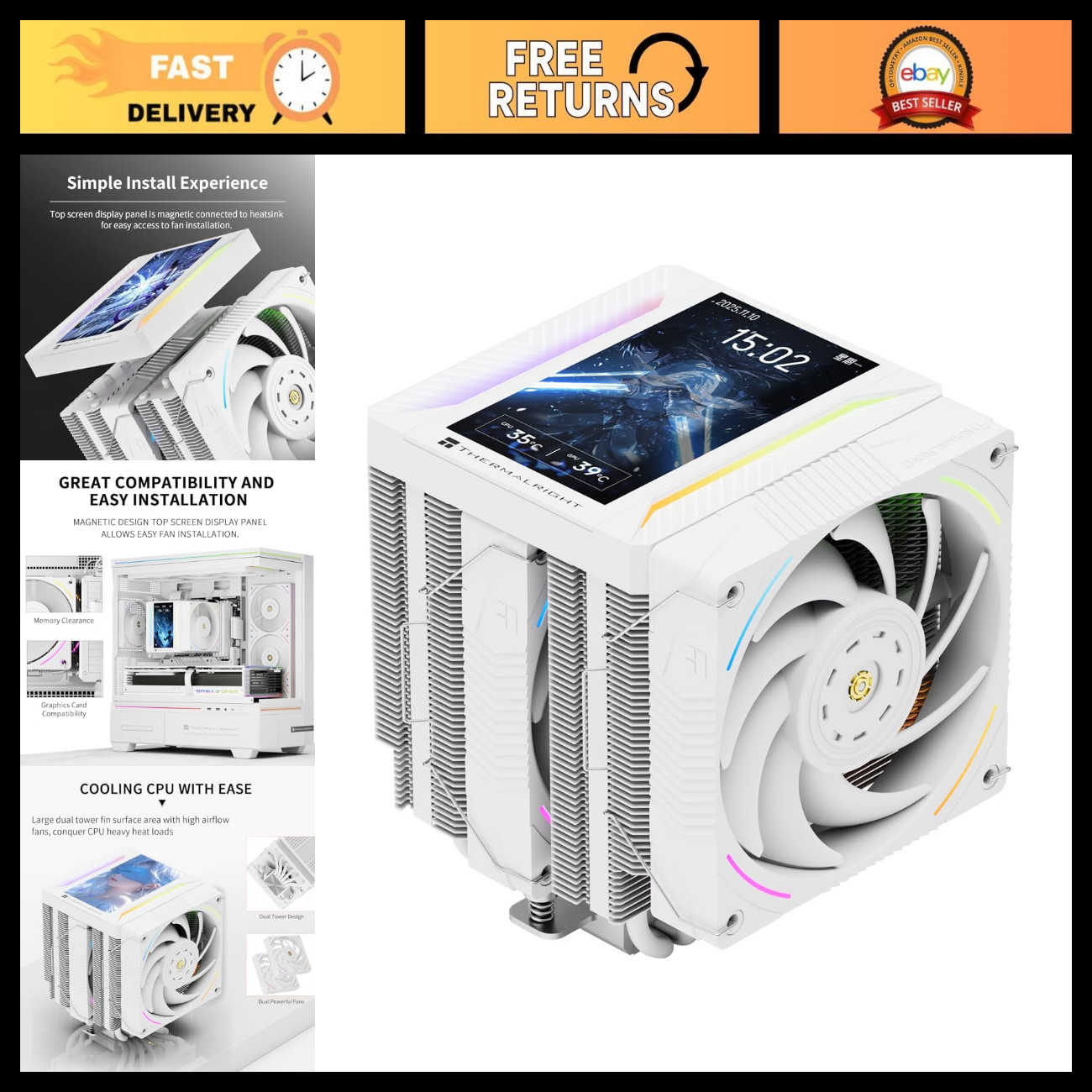 High-Performance CPU Cooler with LCD Screen, ARGB, LGA1700/AM5, PC Cooling