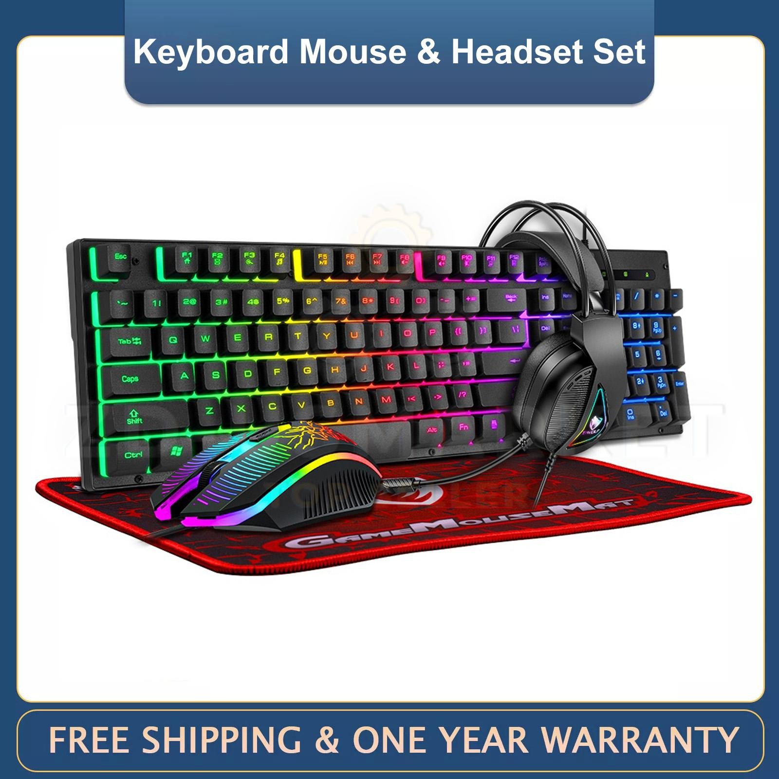 RGB PC Gaming Keyboard Mouse & Headset Set LED Gamer Bundle Mechanical Kits 4IN1