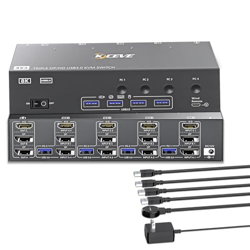 3 Monitor KVM Switch for 4 Computers HDMI DP, 4 USB 3.0 Ports