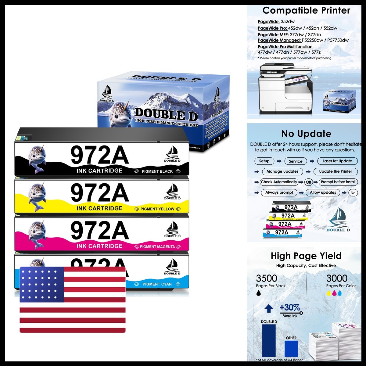 DOUBLE D 972 972A 972X Ink Cartridges 4 Pack BK C M Y for HP PageWide