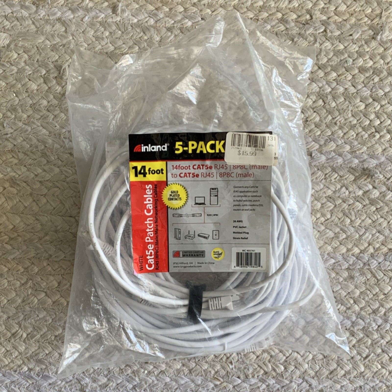 Inland 5-Pack Cat5e Patch Cable 14ft White RJ45 8P8C Gold Plated PVC Molded