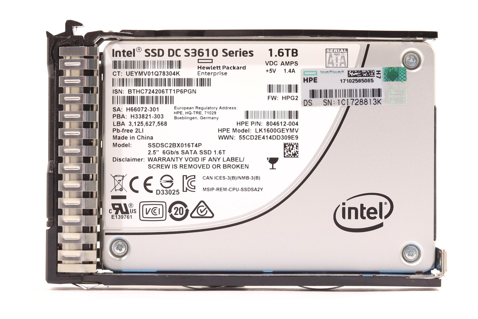 HPE SSDSC2BX016T4P 1.6TB 2.5" 6Gb/s MU eMLC SATA III SSD W/Caddy P/N: 804612-004