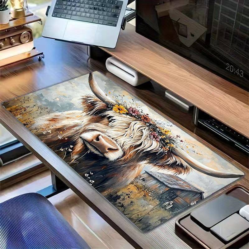 Artistic Highland Cow Mouse Pad | Colorful Desk Mat with Floral Decorations, I