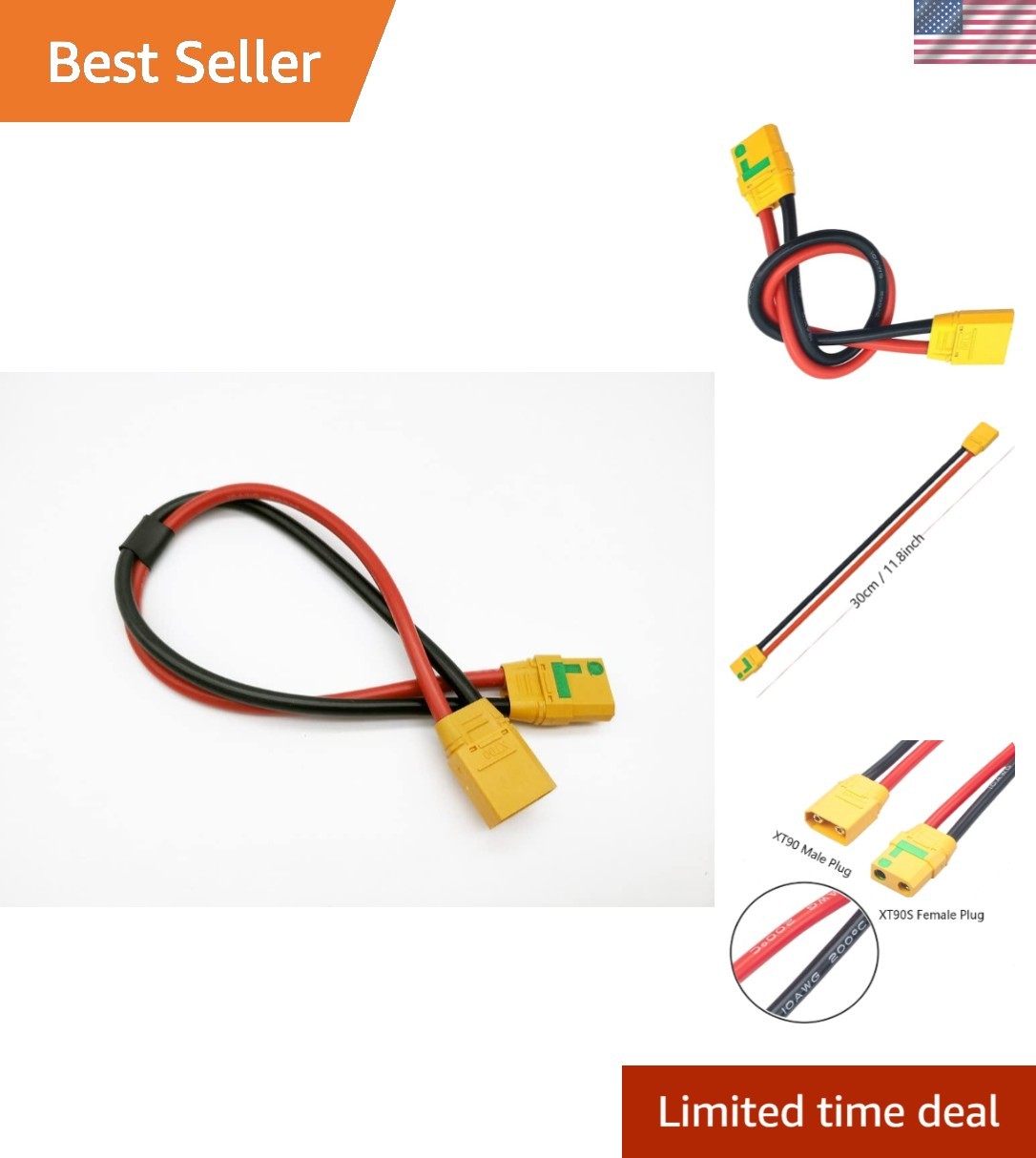 30CM XT90 Male to Female Anti-Spark Extension Cable -  10AWG Quality