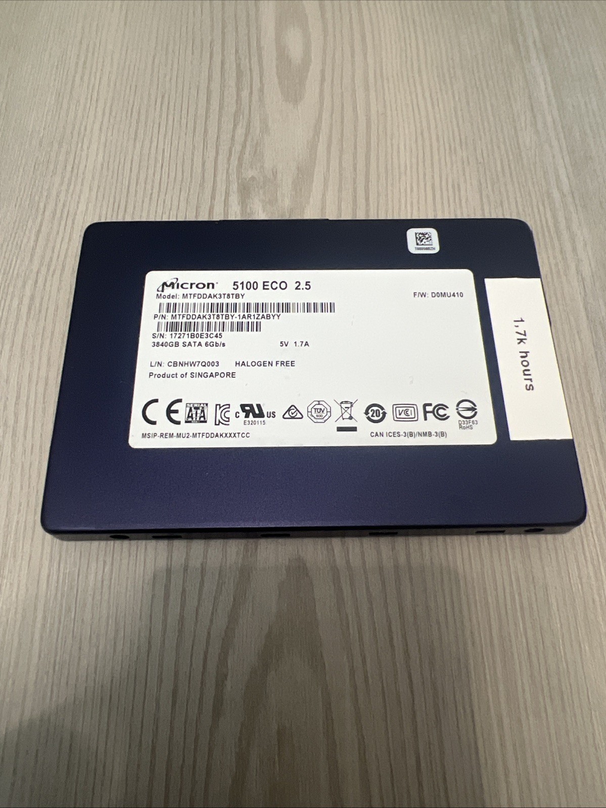 MICRON 5100 ECO MTFDDAK13T8TBY SSD 3.84TB SATA 6Gb/s 2.5" 512 b/s 100% Health 